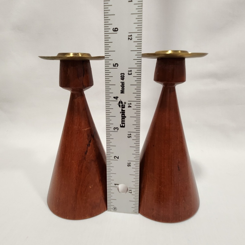 Vintage Joh Jorg Backe Norway Mid Century Modern Wood and Brass Candle Holders - Picture 5 of 8